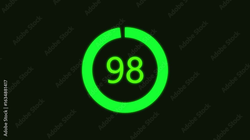 Poster numerical counting from 0 to 98. circular progress bar with bright neon green light , countdown gree
