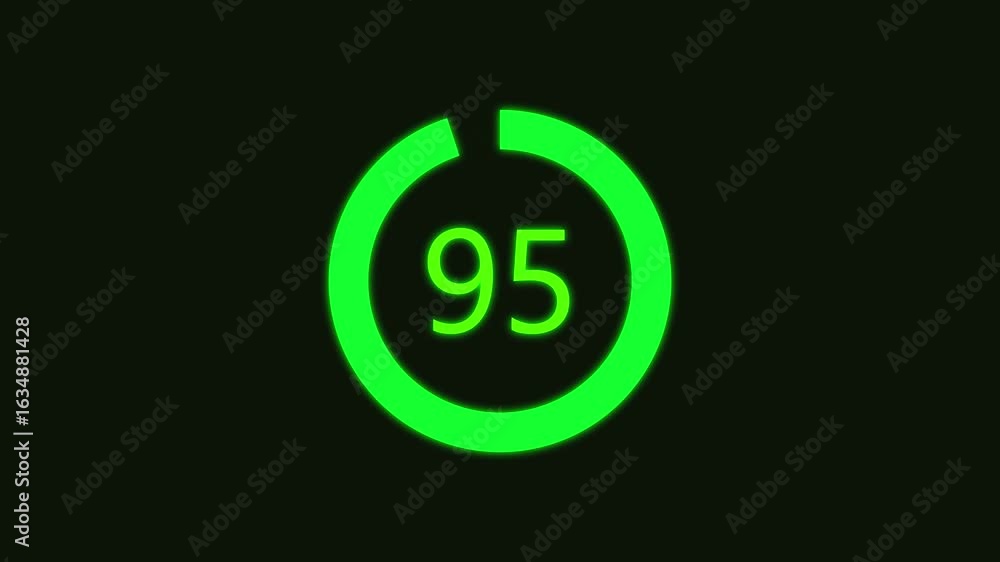Poster numerical counting from 0 to 95. circular progress bar with bright neon green light , countdown gree