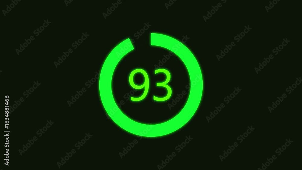 Poster numerical counting from 0 to 93. circular progress bar with bright neon green light , countdown gree