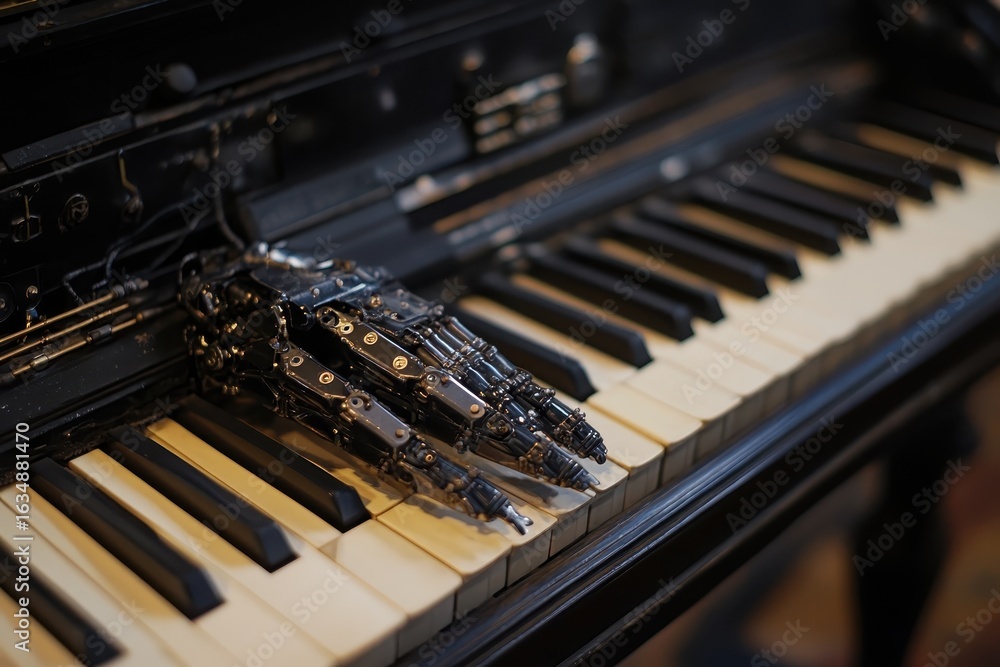 Aufkleber mechanical hand plays random notes on a vintage piano in an intimate setting, the keyboard is trigge