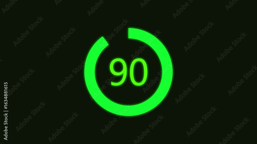 Poster numerical counting from 0 to 90. circular progress bar with bright neon green light