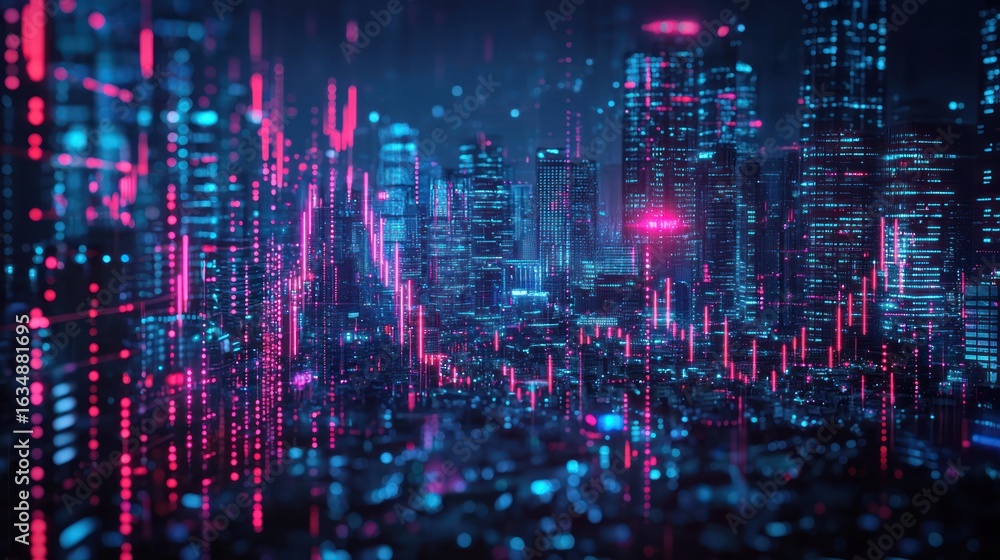 Poster futuristic city night view with data streams. possible stock photo use