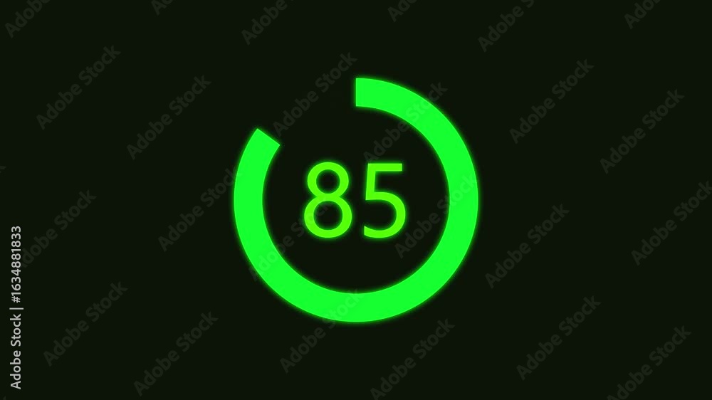 Poster numerical counting from 0 to 85. circular progress bar with bright neon green light