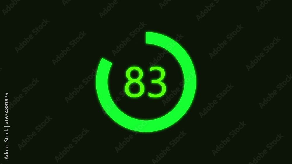 Poster numerical counting from 0 to 83. circular progress bar with bright neon green light