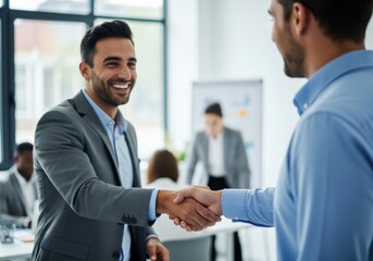 Successful Business Meeting Handshake Depicting Collaboration and Agreement in a Modern Office Environment with Smiling Businessman