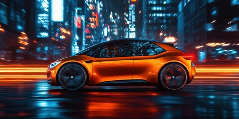 Futuristic electric car in motion urban city automotive nighttime environment side view angle