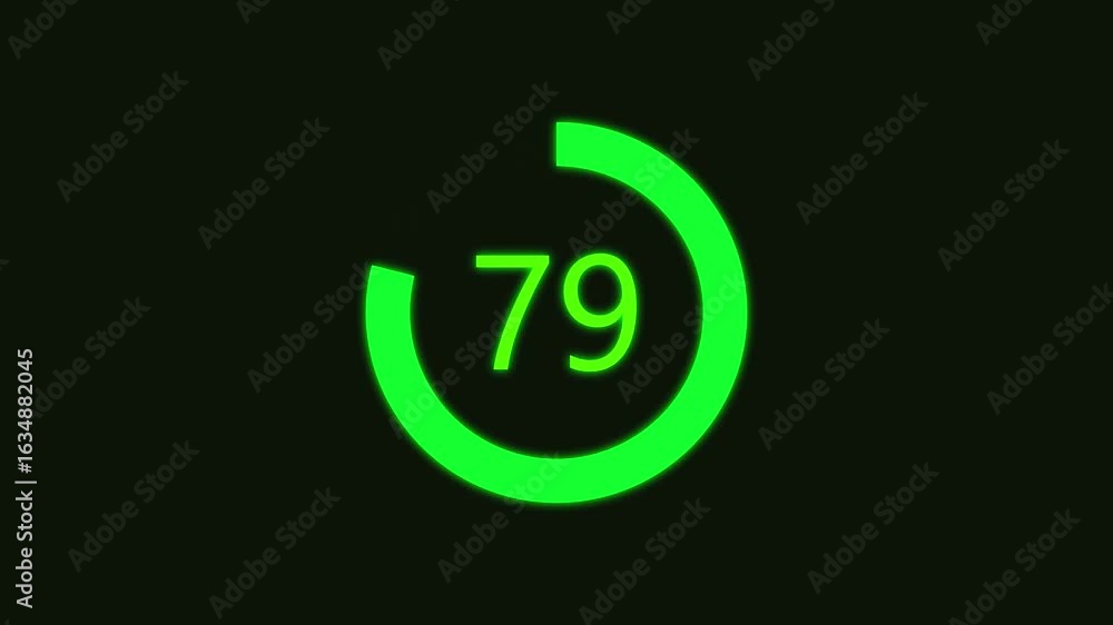 Poster numerical counting from 0 to 79. circular progress bar with bright neon green light