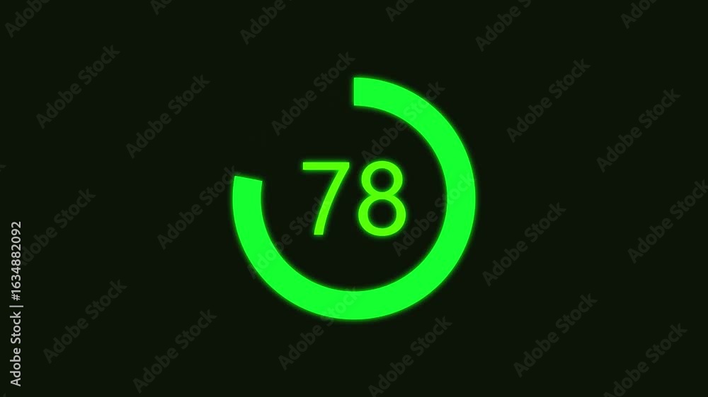 Poster numerical counting from 0 to 78. circular progress bar with bright neon green light