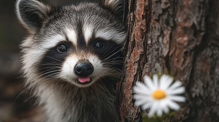 Obraz premium Adorable raccoon peeking from behind a tree trunk with a flower animal wildlife