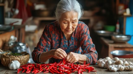 Old woman stringing chili and garlic for kitchen use