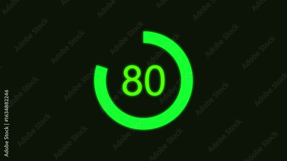 Poster numerical counting from 0 to 80. circular progress bar with bright neon green light