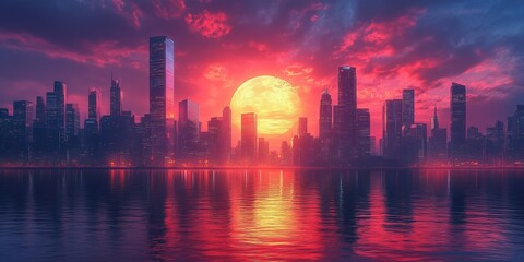 Stunning sunset over urban skyline cityscape tranquil water reflection vibrant colors aerial view landscape