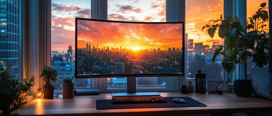 Stunning sunset over urban skyline from home office desk setup evening cozy atmosphere wide-angle view for inspiration
