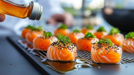Food scientist in white lab coat inspecting candied salmon on smoker rack  