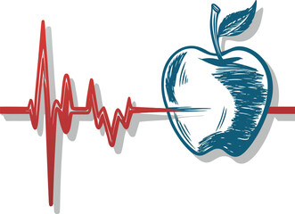 Healthy Lifestyle Icon &ndash; Heartbeat with Apple Vector, Nutrition and Wellness Symbol