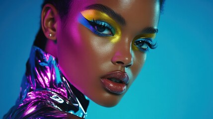 Retro-futuristic fashion editorial, metallic bodysuit and neon eye makeup