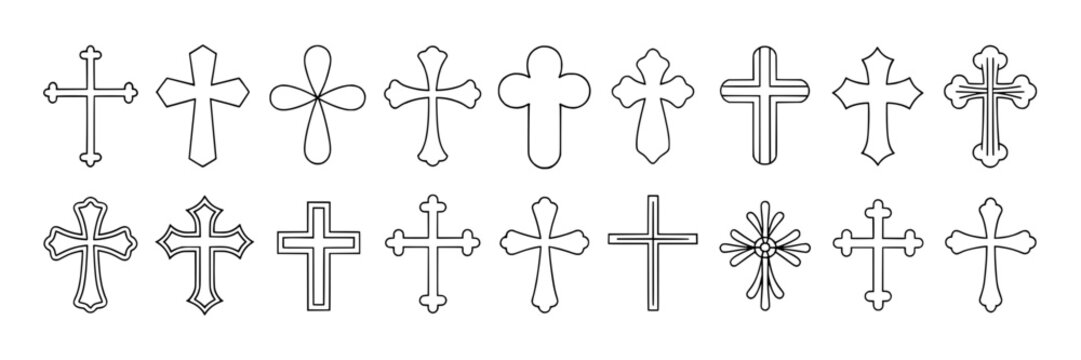 Set of minimal line art crosses. Collection of vector religious Christian cross icons. Simple black outline crucifix symbols on white background.  Spiritual, faith, Christianity graphic design element
