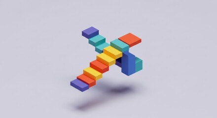 Abstract Colorful 3D Block Staircase: Interlocking Geometric Forms in Minimalist Composition