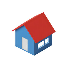 Isometric house with red roof and blue walls isolated on transparent background