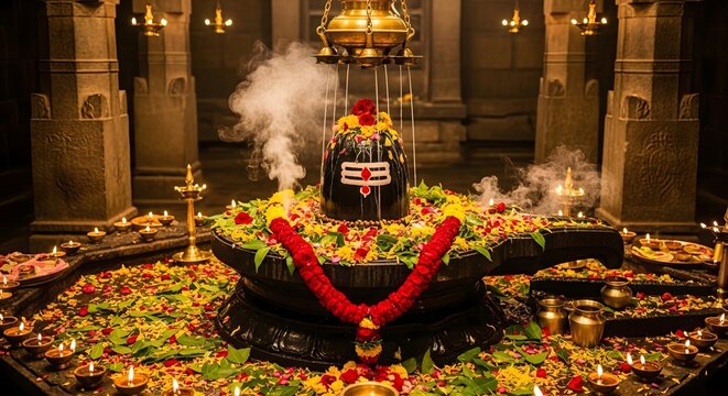 Shiva lingam puja hindu temple with flowers and candles hinduism worship shivling india