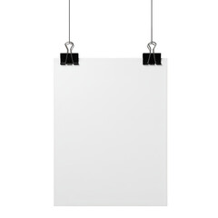 Hanging blank paper sheet with binder clips mockup isolated on transparent background