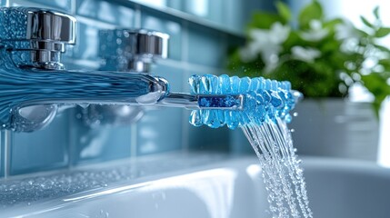 Water flowing from a faucet onto a brush attachment in a bathroom