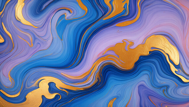 Abstract Blue and Purple Liquid Marble Texture with Gold Accents Elegant, Luxurious Background Design