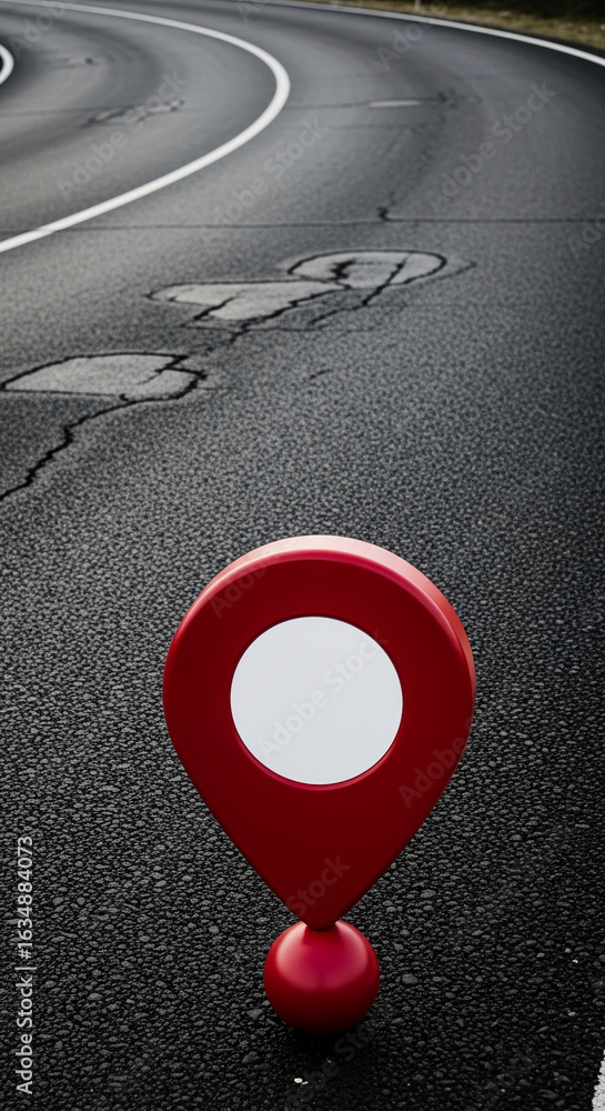 Aufkleber red map pointer with blank circle on asphalt road, showcasing location, navigation, or travel concep