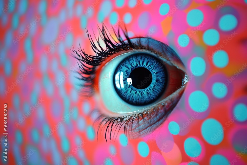 Aufkleber comical blinking eye surrounded by colorful dots creates a playful and engaging visual experience, b