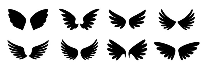 Fototapeta premium Collection of diverse black silhouette wing icons on a white background