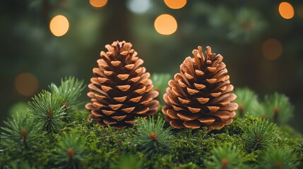 Captivating pine cones displayed on lush moss in a serene forest soft bokeh nature