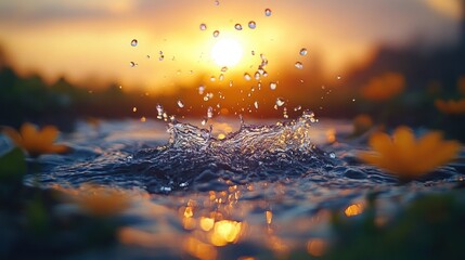 Water splash at sunset over water.  Yellow flowers in background