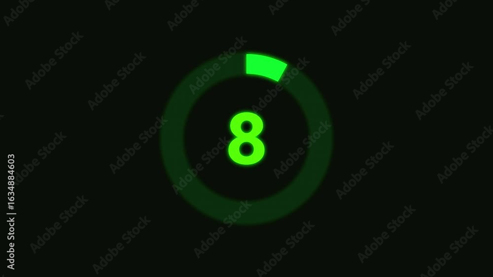 Poster numerical counting from 0 to 8. circular progress bar with bright neon green light , countdown green
