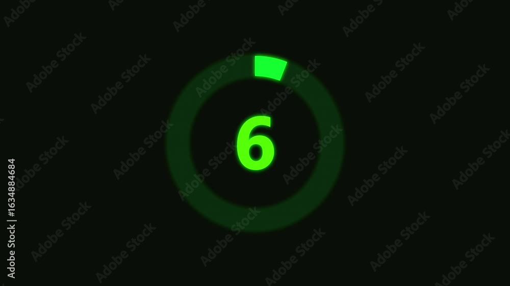 Poster numerical counting from 0 to 6. circular progress bar with bright neon green light , countdown green