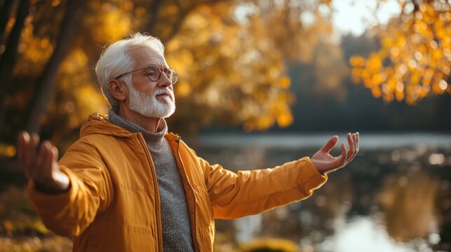 Mindful elder embracing serenity by the tranquil lake in autumn peaceful nature scene reflective mood