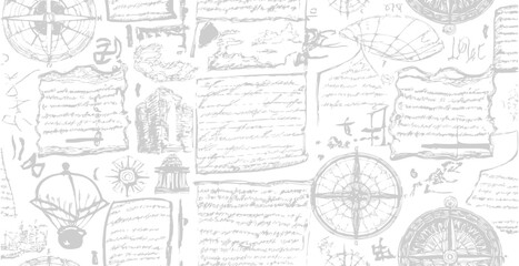 Obraz premium Travel themed old pattern of abstract illegible handwritten text. Vintage grunge bad calligraphy script, notes, book document. Vector illustration of monochrome unreadable handwriting cursive poetry 