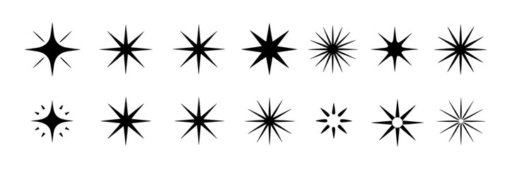 Fototapeta premium Black and white starburst, sparkle, and twinkle vector icon set. Collection of various star shapes, sparks, and glittering light rays. Design elements for festive decorations, celebrations, and graphi