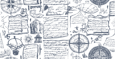 Travel themed old pattern of abstract illegible handwritten text. Vintage grunge bad calligraphy script, notes, book document. Vector illustration of monochrome unreadable handwriting cursive poetry 