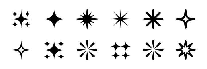 Sparkle and shine vector icon set. Collection of black and white starburst, glitter, twinkle, and burst shapes. Simple graphic design elements for decoration, highlights, and visual accents. Monochrom