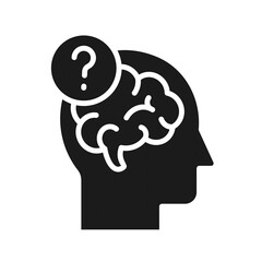 human head with brain and question mark symbolizing confusion or decision making, Silhouette mark icon, representing doubt, thinking, problem-solving, mental health, and decision-making concepts.