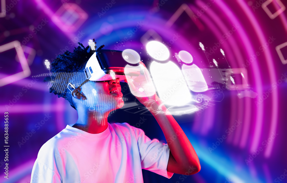 Poster a young individual immersed in virtual reality, showcasing the essence of modern networking and digi