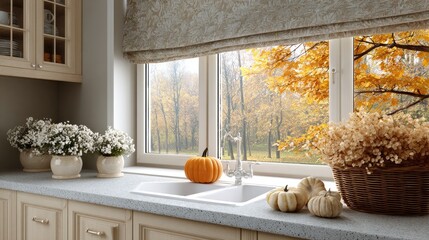 Bright kitchen space with a window view showcasing a decorative arrangement of pumpkins and autumn foliage on the countertop
