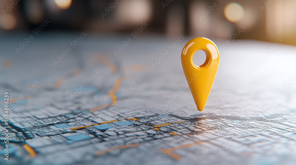 Poster yellow pin on abstract map highlighting destination location for travel and navigation concept