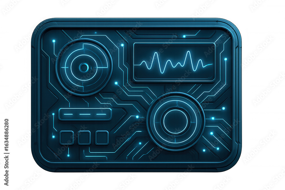 Poster futuristic control panel with glowing blue lights and intricate circuitry displayed on a transparent