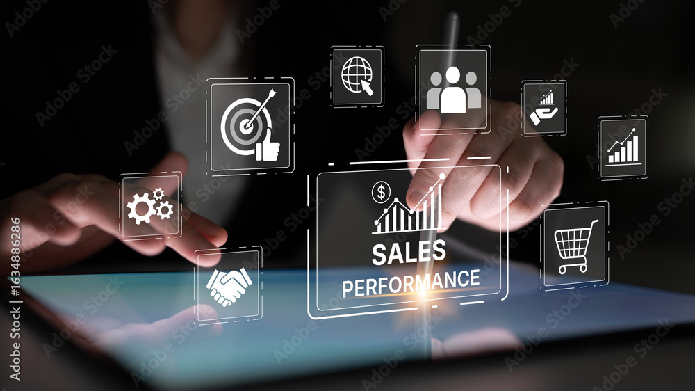 Poster digital sales performance dashboard showing sales performance metrics, performance trends, sales per