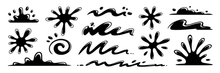 Black ink splatters, spills, and splashes. Vector illustration collection of liquid drops, puddles, and swirls. Monochrome design elements set - hand-drawn style.
