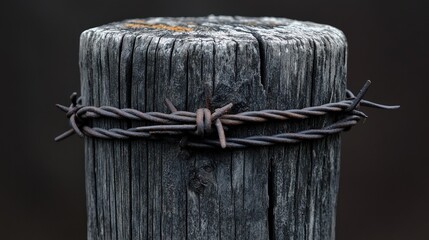 Weathered wooden post with barbed wire