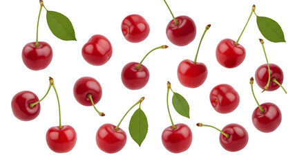 Scattered red cherries with stems on black background png, transparent, white background, ai generated, 