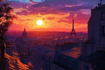 Naklejka premium Stunning sunset over French rooftops revealing the Eiffel Tower in the distance, Sunset overlooking French rooftops and the Eiffel Tower