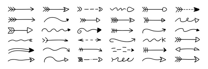 Hand-drawn arrow collection. Doodle arrow set with various shapes, lines, curves and points. Black ink sketch arrows on white - design elements drawn with pen or marker. Illustration set.
